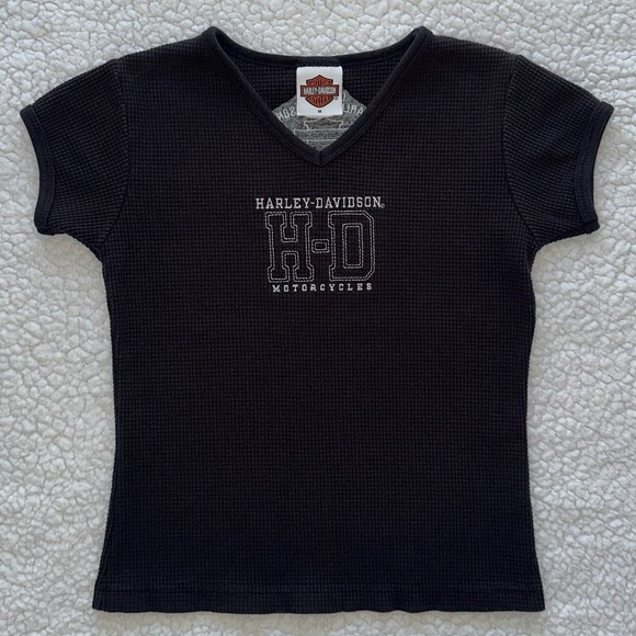 Harley Davidson black baby tee crop top waffle weave Orlando, FL biker chopper M - Picture 1 of 6